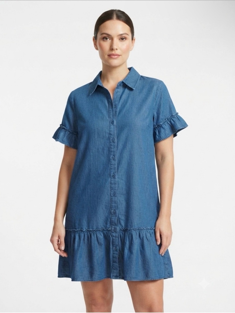 Anthropologie Meadow Rhodes Denim Button-Front Ruffle Hem Dress